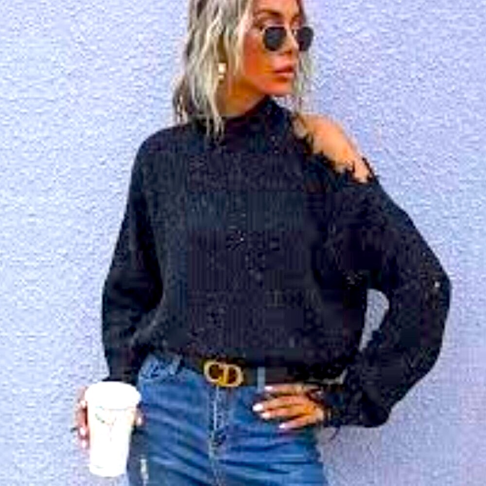 New ZENANA Destroyed Cold Shoulder Sweater Mockneck Black Speckles XS